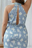 Navy Bloom Halter Satin Plus Size Floral Sheath Bridesmaid Dress with Open Back