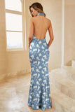 Sage White Flower Halter Mermaid Backless Satin Bridesmaid Dress