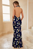 Sage White Flower Halter Mermaid Backless Satin Bridesmaid Dress