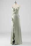 Sage Spaghetti Straps Ruffled Sheath Satin Bridesmaid Dress with Slit
