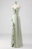 Sage Spaghetti Straps Ruffled Sheath Satin Bridesmaid Dress with Slit