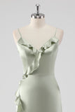 Sage Spaghetti Straps Ruffled Sheath Satin Bridesmaid Dress with Slit