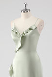 Sage Spaghetti Straps Ruffled Sheath Satin Bridesmaid Dress with Slit