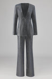 Glitter 2 Piece Grey Blue Deep V Neck Fitted Women Suits