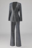 Glitter 2 Piece Grey Blue Deep V Neck Fitted Women Suits