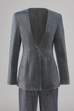 Glitter 2 Piece Grey Blue Deep V Neck Fitted Women Suits