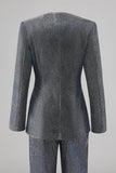Glitter 2 Piece Grey Blue Deep V Neck Fitted Women Suits