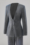Glitter 2 Piece Grey Blue Deep V Neck Fitted Women Suits