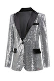 Silver Notched Lapel Sequined Women's Party Blazer