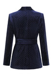 Navy Velvet Shawl Lapel Rhinestone Women's Suits with Belt
