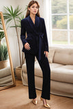 Navy Velvet Shawl Lapel Rhinestone Women's Suits with Belt