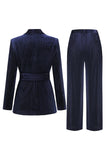 Navy Velvet Shawl Lapel Rhinestone Women's Suits with Belt