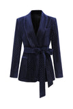 Navy Velvet Shawl Lapel Rhinestone Women's Suits with Belt