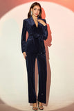 Sparkly Navy 2 Pieces Shawl Lapel Velvet Women's Suits with Belt