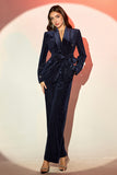 Sparkly Navy 2 Pieces Shawl Lapel Velvet Women's Suits with Belt