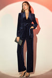 Sparkly Navy 2 Pieces Shawl Lapel Velvet Women's Suits with Belt