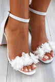 Leely Women White Open Toe Bridal Shoes with Applique Wedding Shoes White Heels with Ruffles