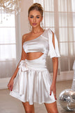 White Hollow Out One Shoulder Short Prom Dress