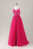 Sparkly Purple A-Line Slit Long Prom Dress with Appliques