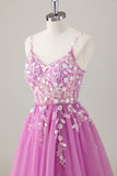 Sparkly Purple A-Line Slit Long Prom Dress with Appliques