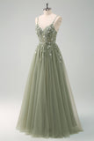 Green Spaghetti Straps Applique A-Line Prom Dress with Sequins