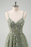Green Spaghetti Straps Applique A-Line Prom Dress with Sequins