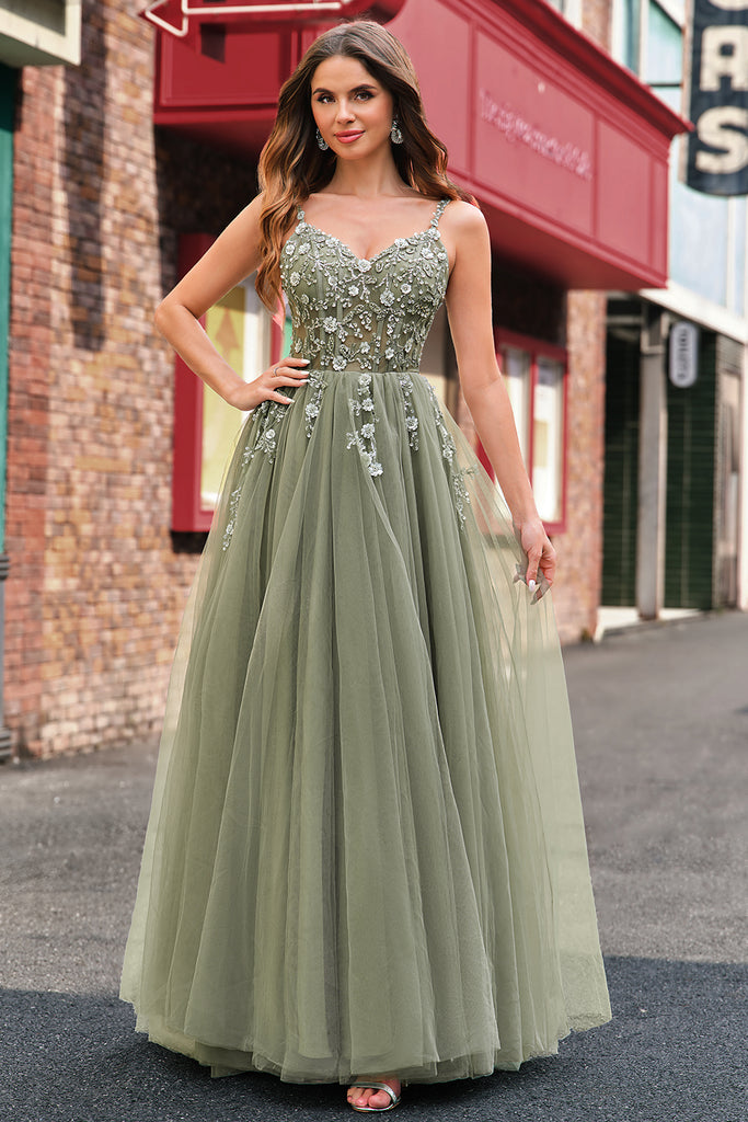 Sparkly Light Green A-Line Spaghetti Straps Sequin Applique Corset Ball Dress With Slit