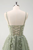 Green Spaghetti Straps Applique A-Line Prom Dress with Sequins