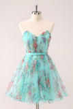 Fluffy Strapless Green Floral Short Prom Dress