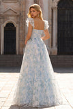 Light Blue Flower Printed A-Line Cap Sleeves Long Prom Dress