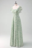 Grey Green Square Neck Floral Bridesmaid Dress with Slit