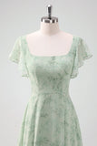 Grey Green Square Neck Floral Bridesmaid Dress with Slit