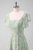 Grey Green Square Neck Floral Bridesmaid Dress with Slit