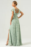 Grey Green Square Neck Floral Bridesmaid Dress with Slit