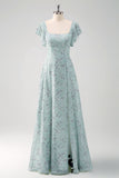 Dusty Sage Floral Printed A-Line Bridesmaid Dress with Slit
