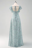 Dusty Sage Floral Printed A-Line Bridesmaid Dress with Slit