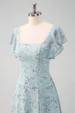 Dusty Sage Floral Printed A-Line Bridesmaid Dress with Slit