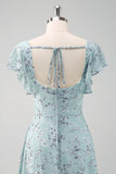 Dusty Sage Floral Printed A-Line Bridesmaid Dress with Slit
