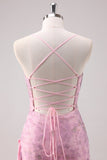 Pink Floral Spaghetti Straps Sheath Prom Dress with Criss Cross Back