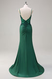 Dark Green Corset Applique Mermaid Satin Prom Dress