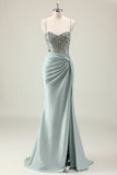 Dark Navy Beaded Mermaid Front Twist Prom Dress with Slit