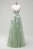 Sage Spaghetti Straps Corset Applique Tulle A Line Prom Dress