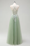 Sage Spaghetti Straps Corset Applique Tulle A Line Prom Dress