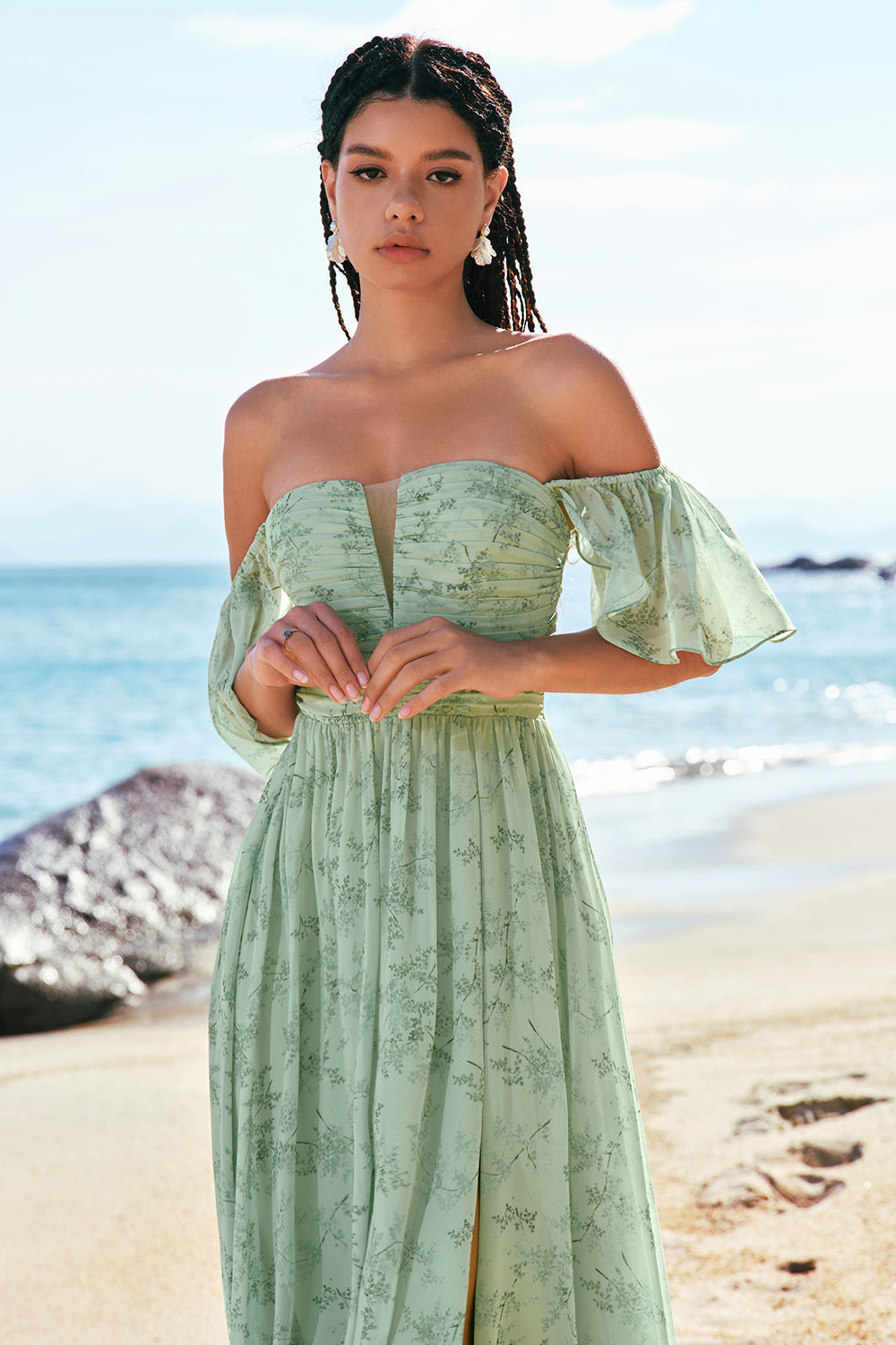 Leely Women Dusty Sage Floral Bridesmaid Dress with Slit A Line