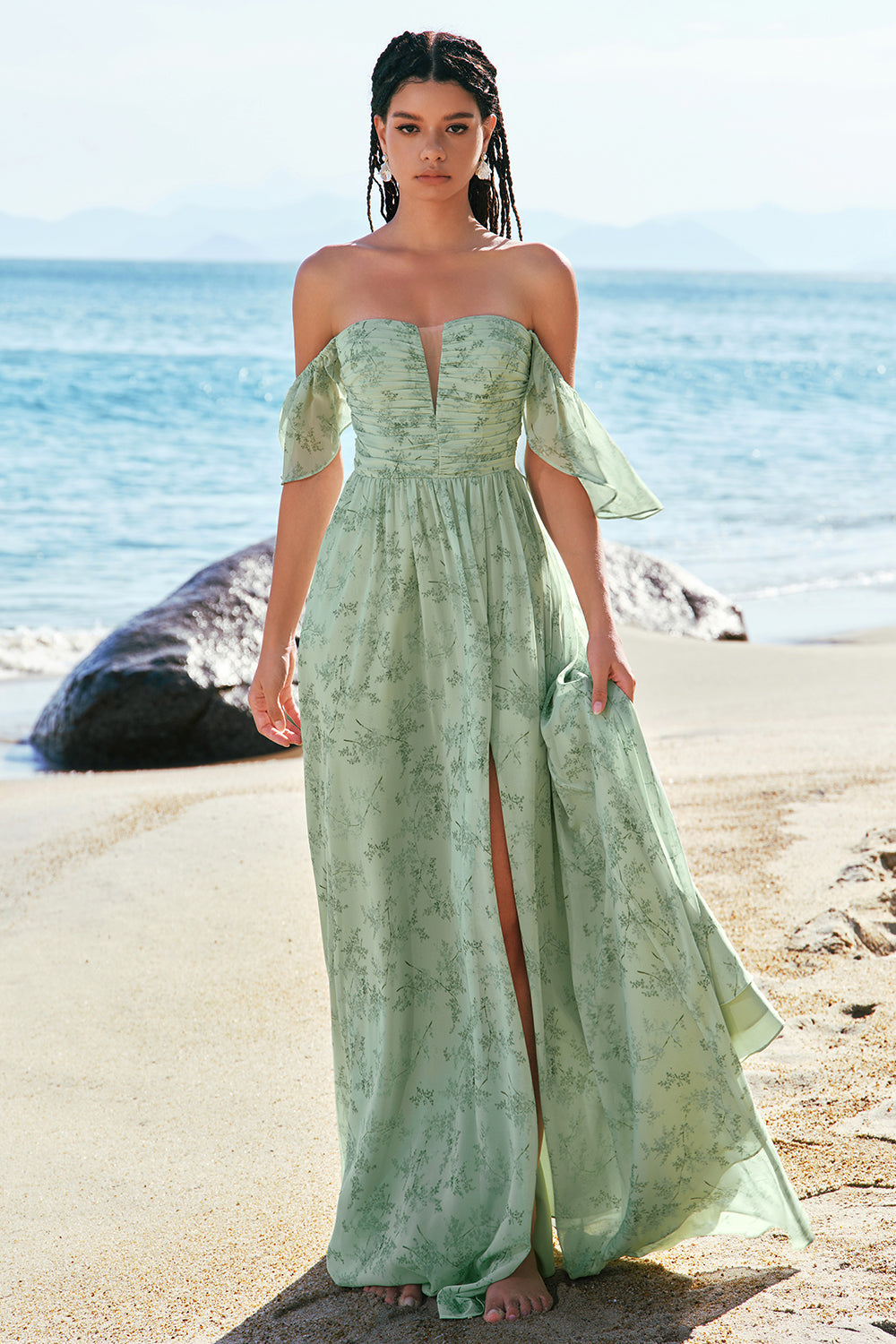 Leely Women Dusty Sage Floral Bridesmaid Dress with Slit A Line Off the Shoulder Print Long Wedding Party dress – leelyuk