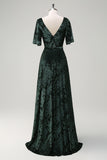 Dark Green V-Neck Burnout Velevt Bridesmaid Dress with Slit