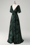 Dark Green V-Neck Burnout Velevt Bridesmaid Dress with Slit
