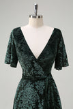 Dark Green V-Neck Burnout Velevt Bridesmaid Dress with Slit