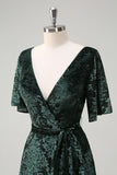 Dark Green V-Neck Burnout Velevt Bridesmaid Dress with Slit