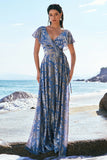 Leely Women Grey Blue Wedding Guest Dress V Neck A-Line Burnout Velvet Floral Printed Bridesmaid Dress